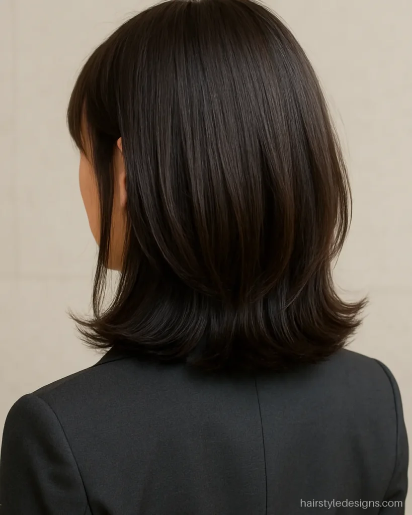 Layered lob with curtain bangs and inward curled ends