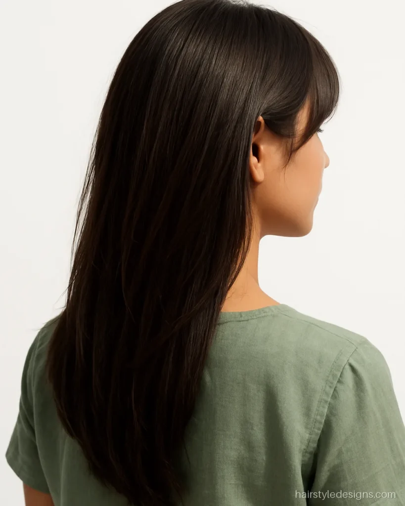 Curtain bangs with layers on long hair blown back from the face