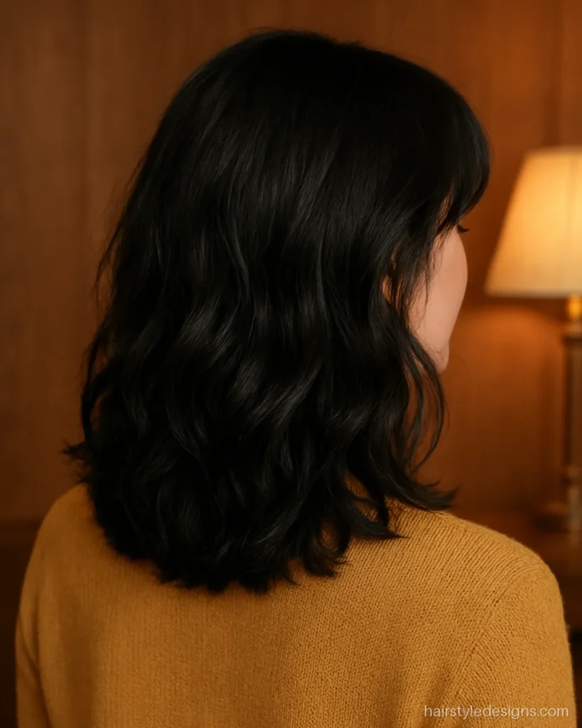 Medium layered hair with curtain bangs and loose waves
