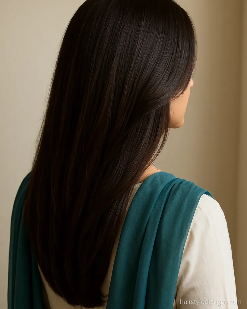 Face framing layers on long hair starting at the jaw line