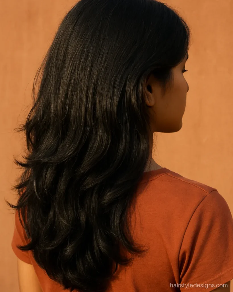 Long layers with face framing on thick wavy hair