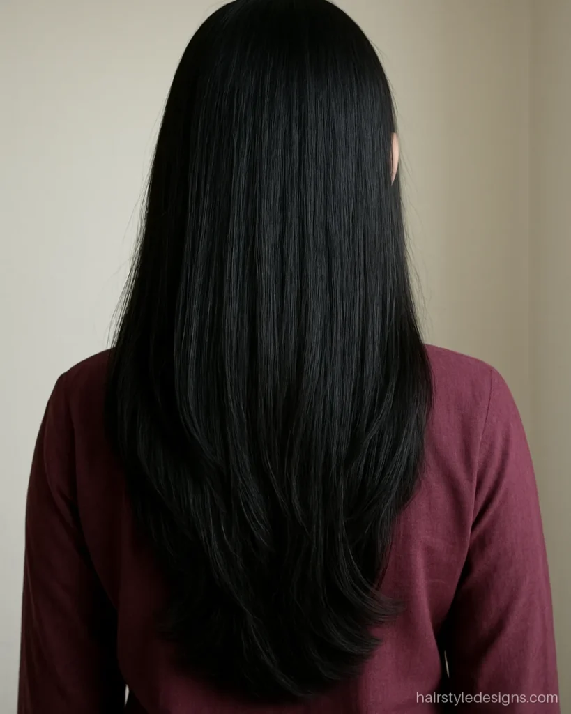 Long layered hair with layers starting at the chest on straight hair