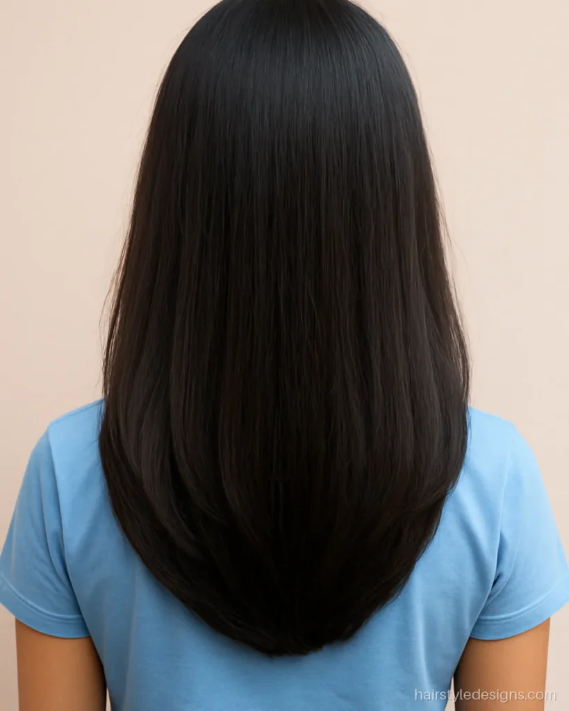 U shape hair cut with layers on long hair with round brush finish
