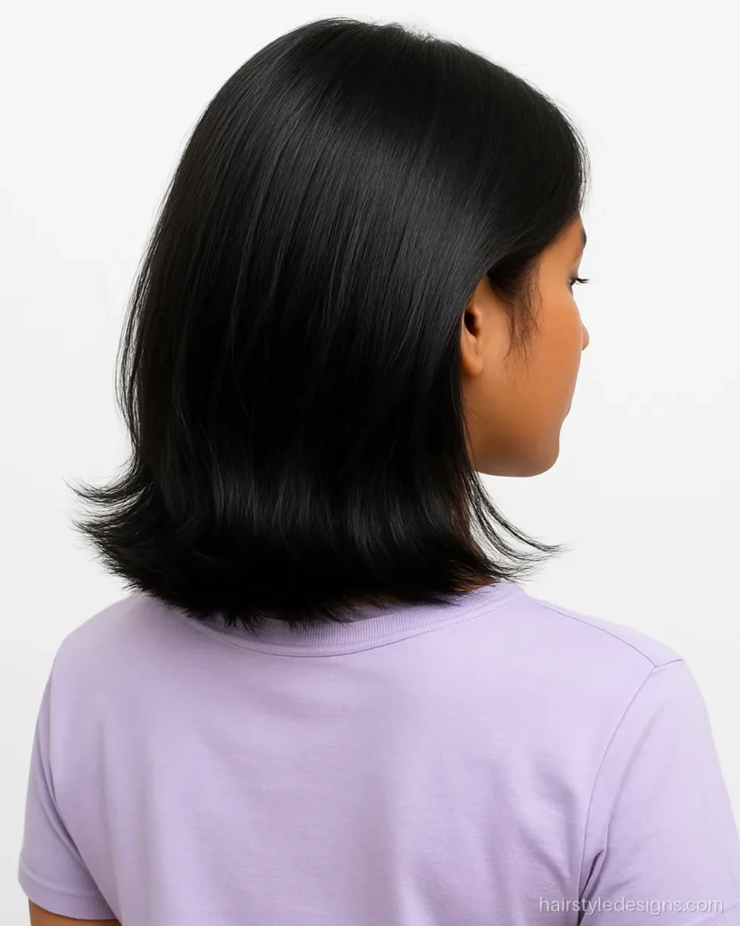 Shoulder length layered hair with chin level layers and flicked ends
