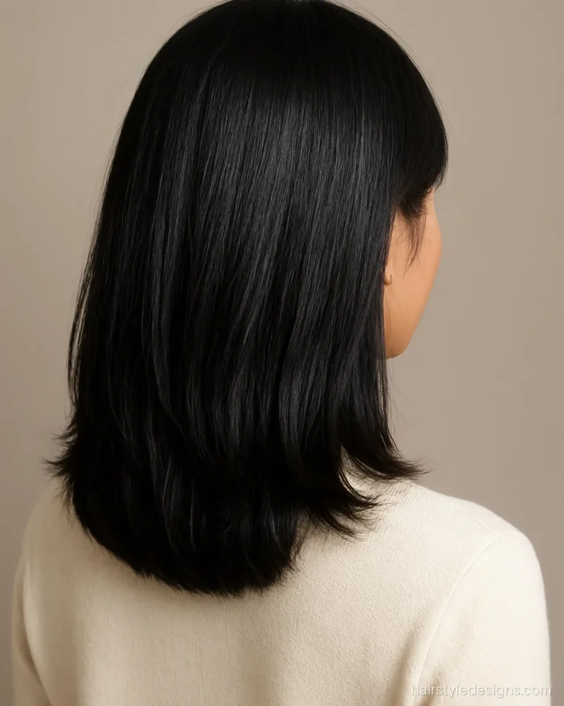 Medium length layered hair with soft layers on a side parting