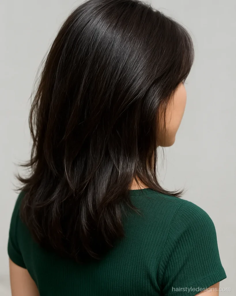 Layered haircut for round face with thick hair and layers below the chin