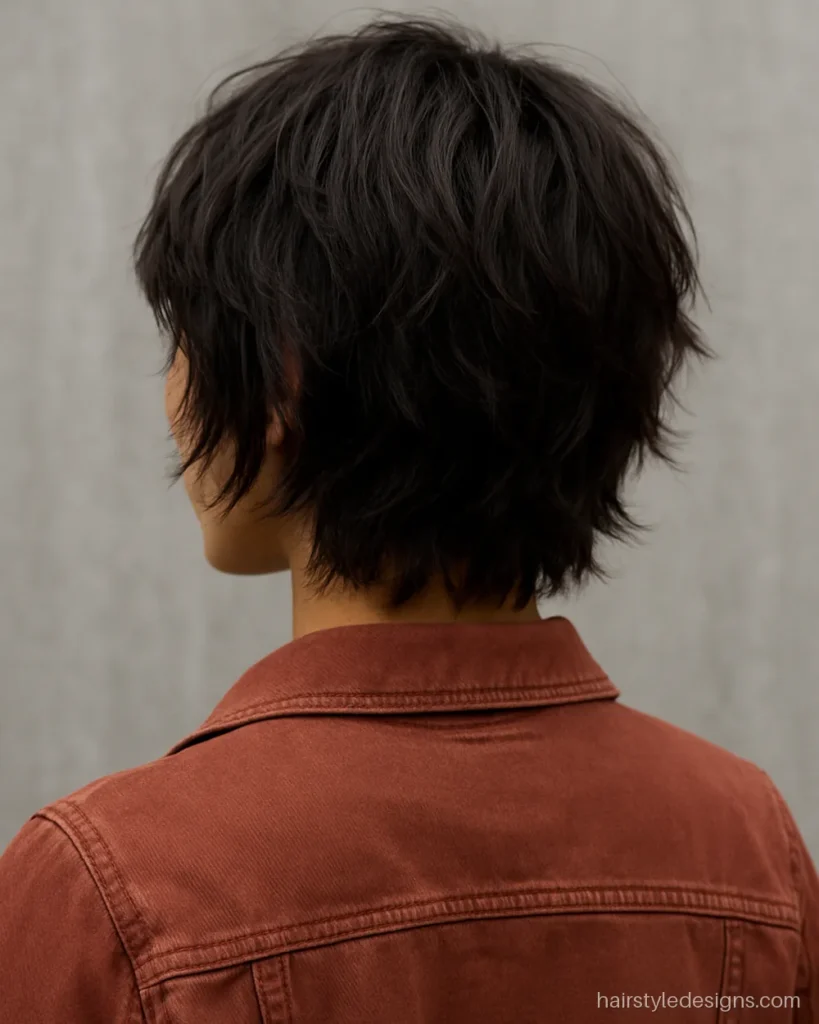 Short layer cut above the shoulders with choppy shaggy pieces