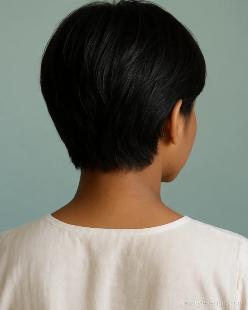 Short layers on a nape length cut with a soft tapered neckline
