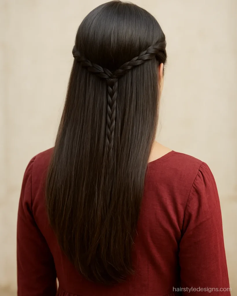 Hairstyle for girls on lehenga or anarkali with one side braid and open hair