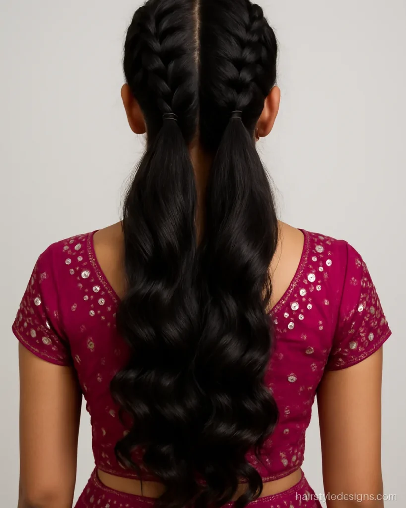 Braid hairstyle with lehenga showing two Dutch braids into open curls