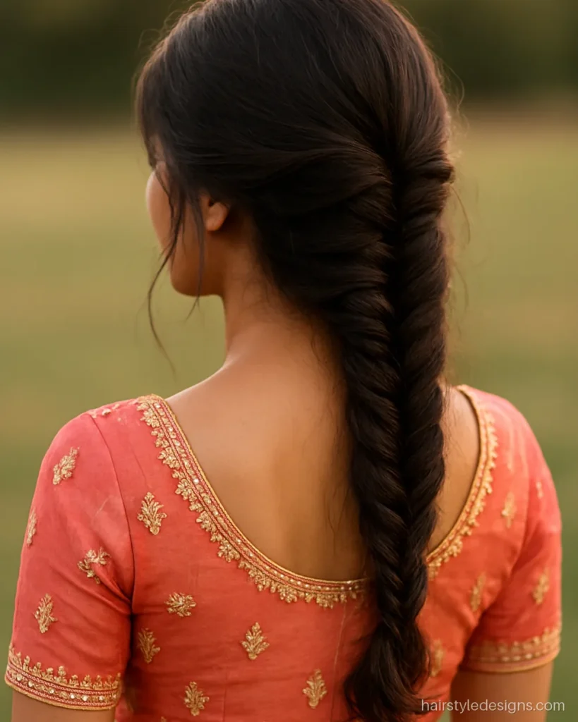 Braid hairstyle for lehenga with a loose side fishtail and pulled-out edges