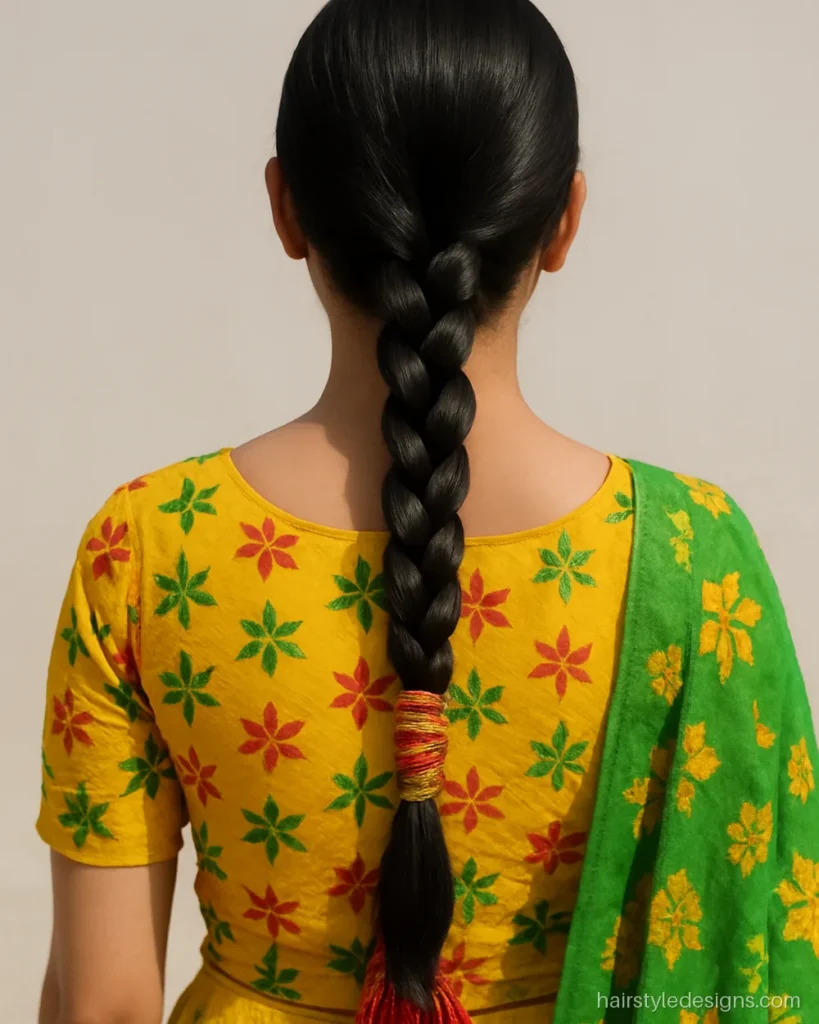 Lehenga hairstyle for girls with a long choti and a colourful parandi tassel