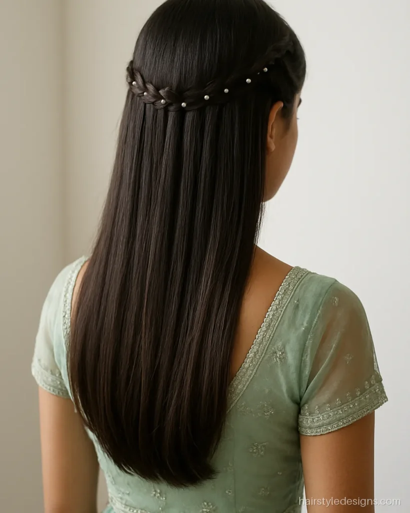 Waterfall braid lehenga hairstyle with small pearl beads over open hair