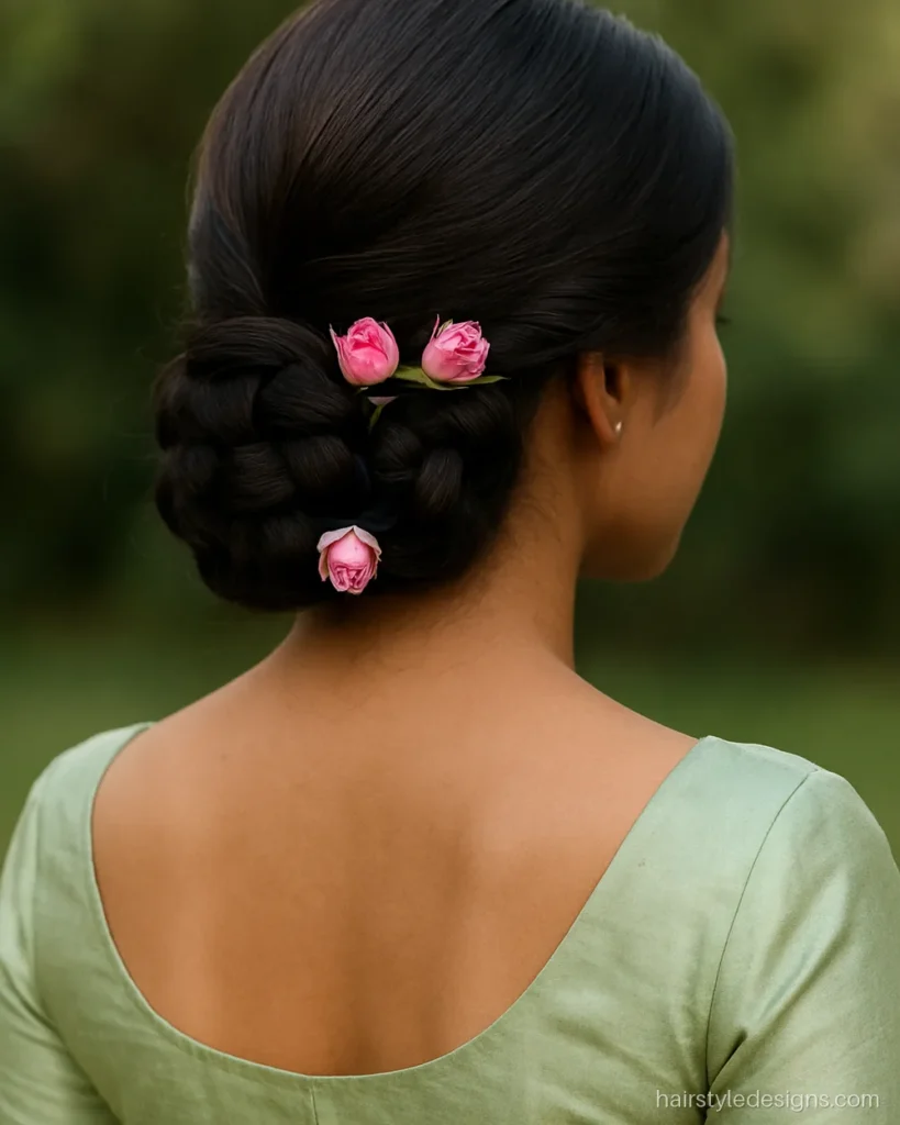 Bun hairstyle on lehenga made of braids coiled at the side with small roses