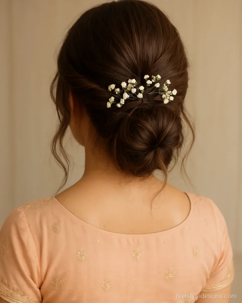 Simple hairstyle for lehenga with a messy twisted bun and tiny white flowers
