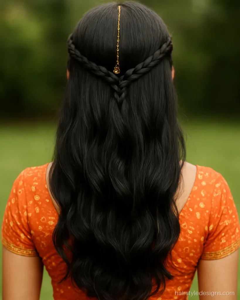 Front and back lehenga hairstyle with a braided crown band and maang tikka
