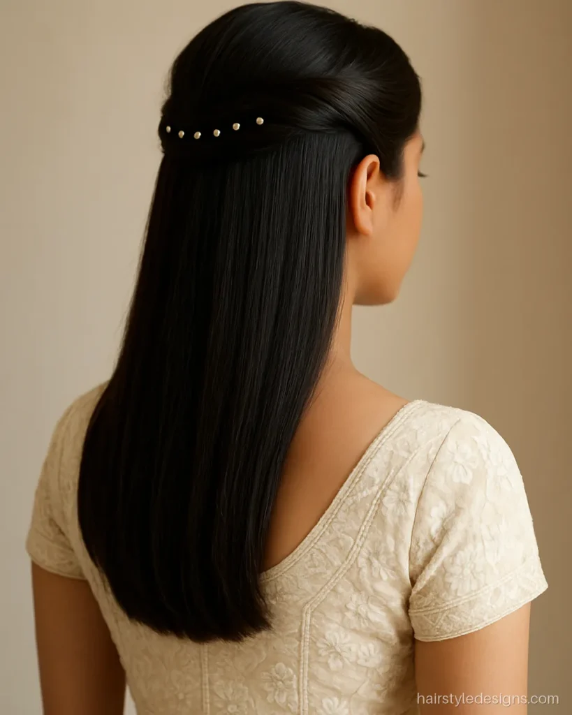Front hairstyle with lehenga showing a smooth front roll and pearl pins