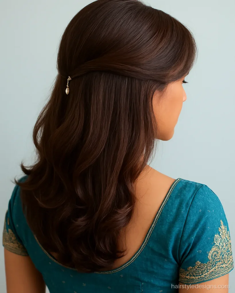 Front hairstyle for lehenga with side-swept curled bangs and open hair