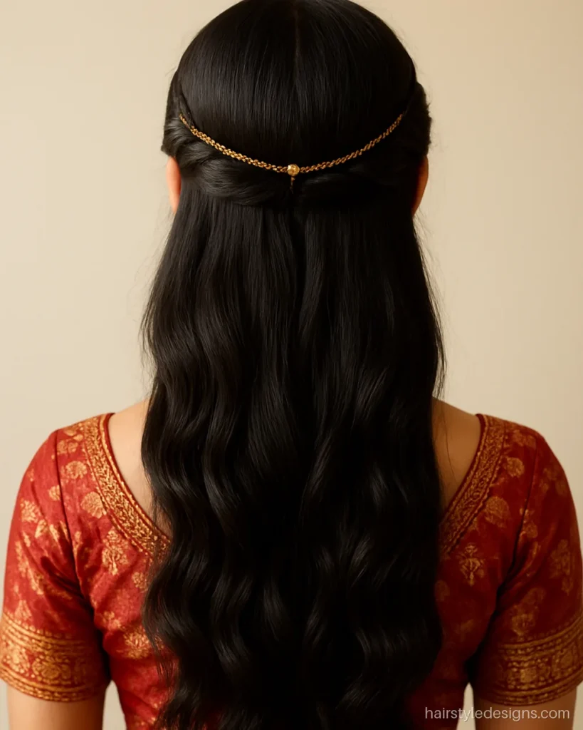 Hairstyle for lehenga with matha patti, centre part and twisted side sections