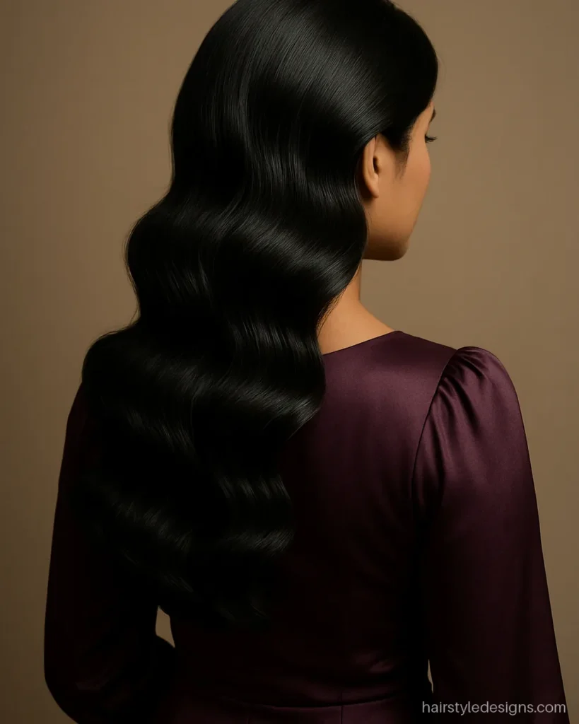 Open hairstyle with gown showing big glossy waves swept to one side