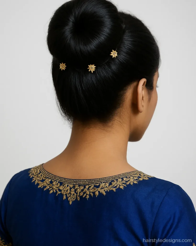 High juda hairstyle for lehenga with a donut bun and gold floral pins