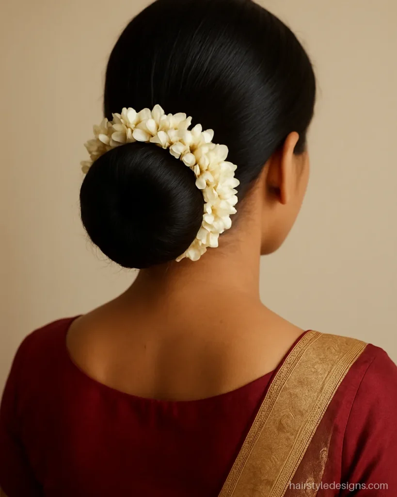 Lehenga juda hairstyle with a low bun fully wrapped in a jasmine gajra