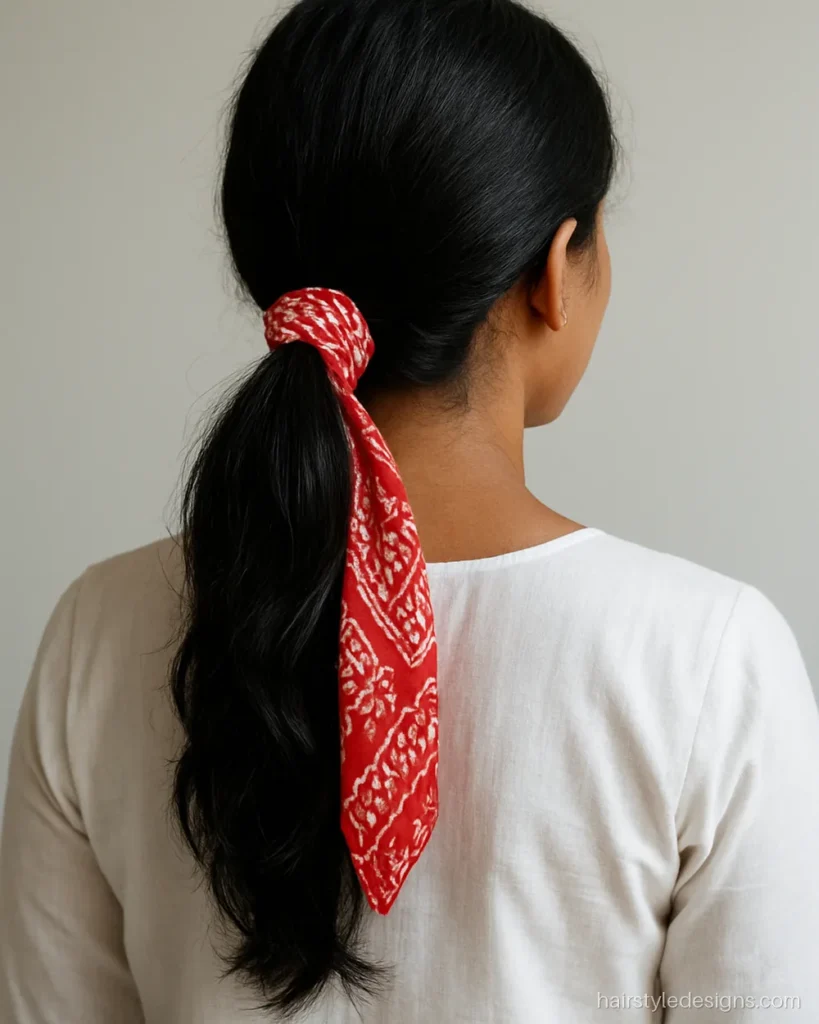 Simple hairstyle with suit or kurti showing a low ponytail tied with a scarf