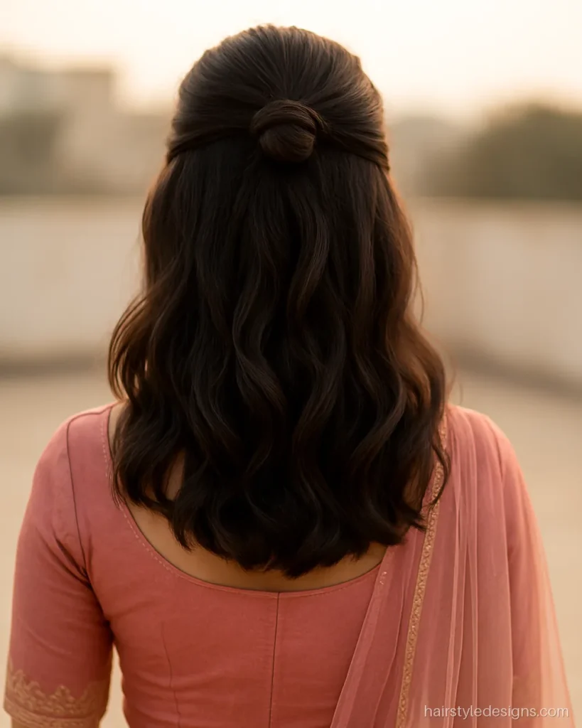 Modern hairstyle with lehenga showing a small half-up top knot over loose waves