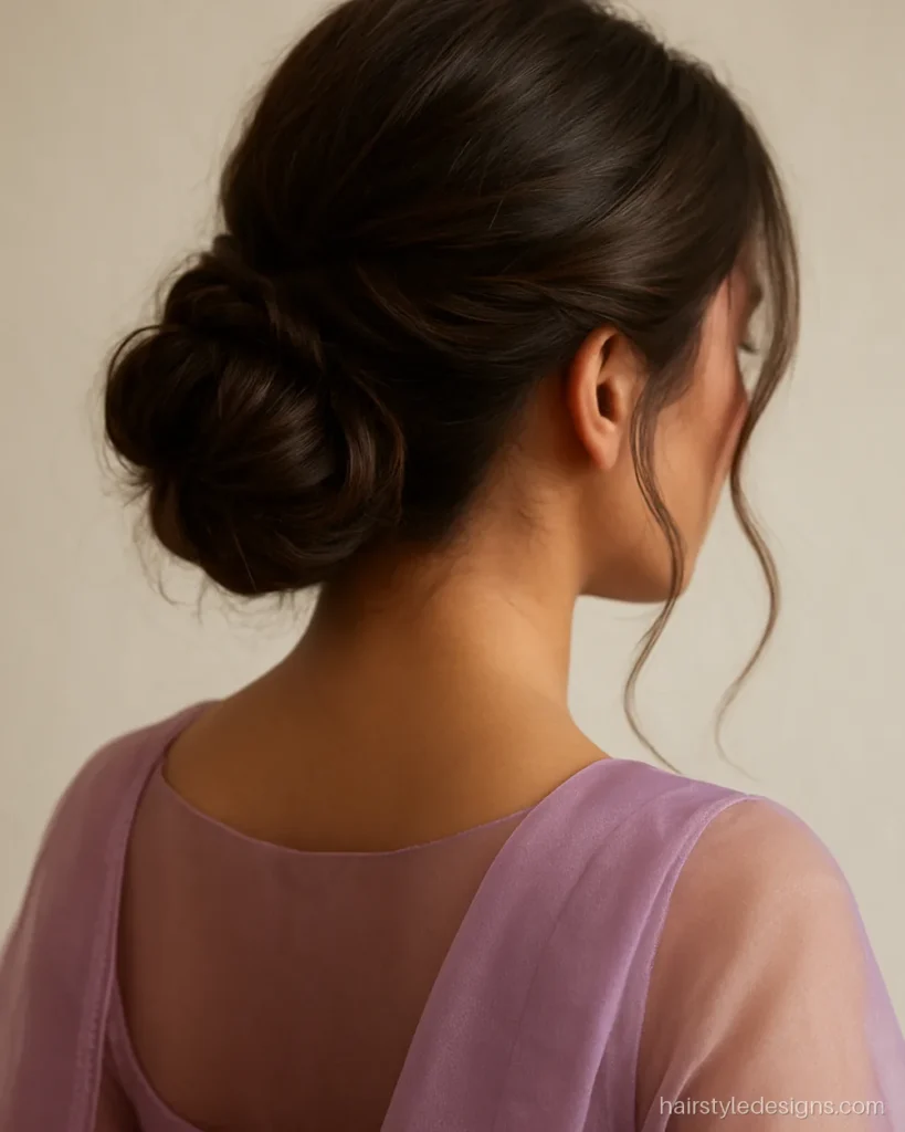 Modern lehenga hairstyle with a messy textured low bun and loose face-framing strands