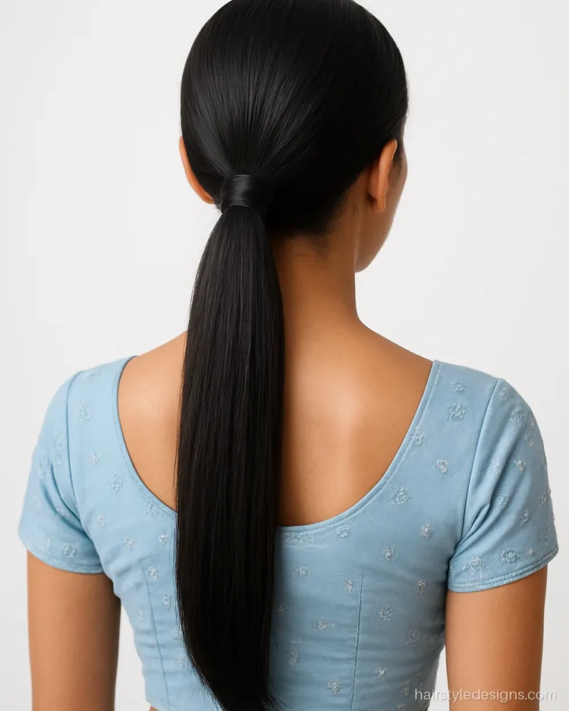 Modern hairstyle for lehenga with a sleek low ponytail wrapped in its own hair
