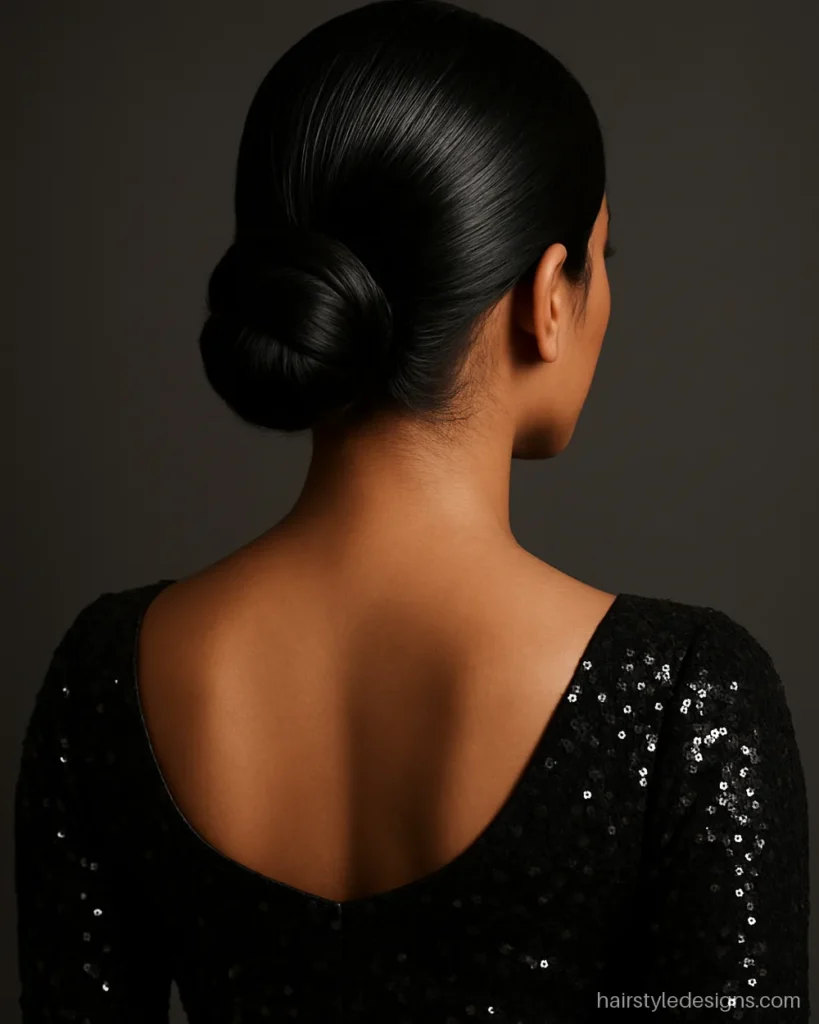 Modern hairstyle for lehenga with a wet-look centre part and a sleek round bun