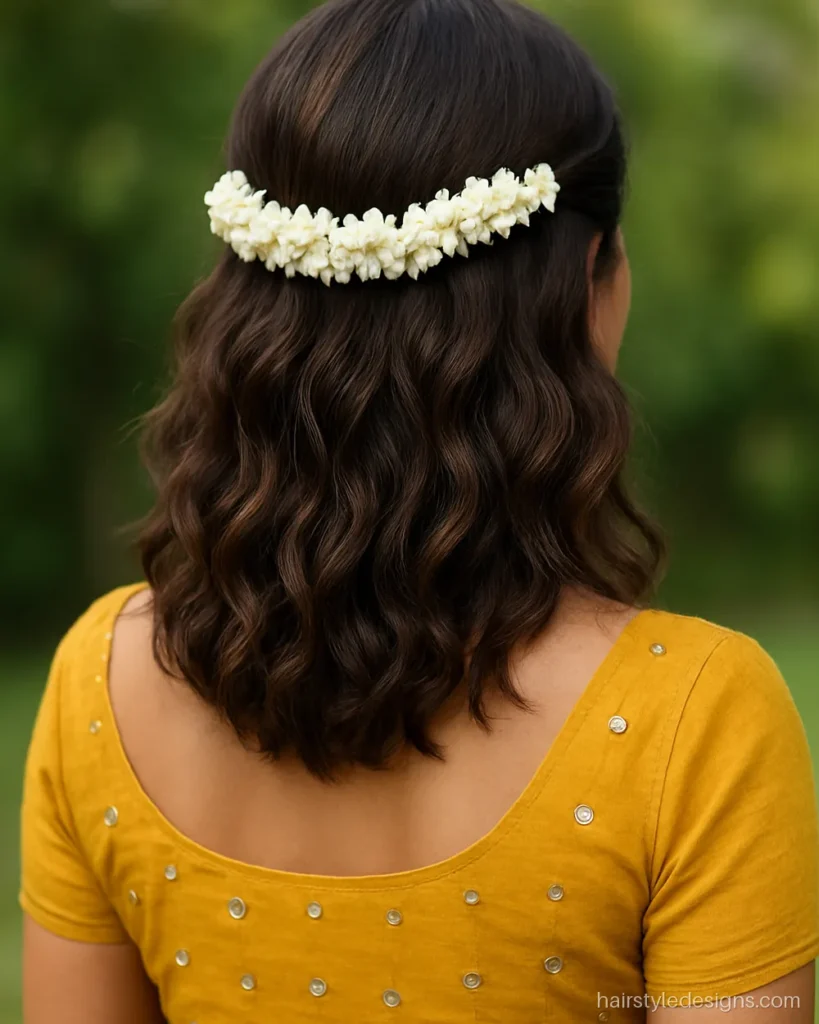 Lehenga hairstyle with open hair in loose waves and a small jasmine gajra at the crown