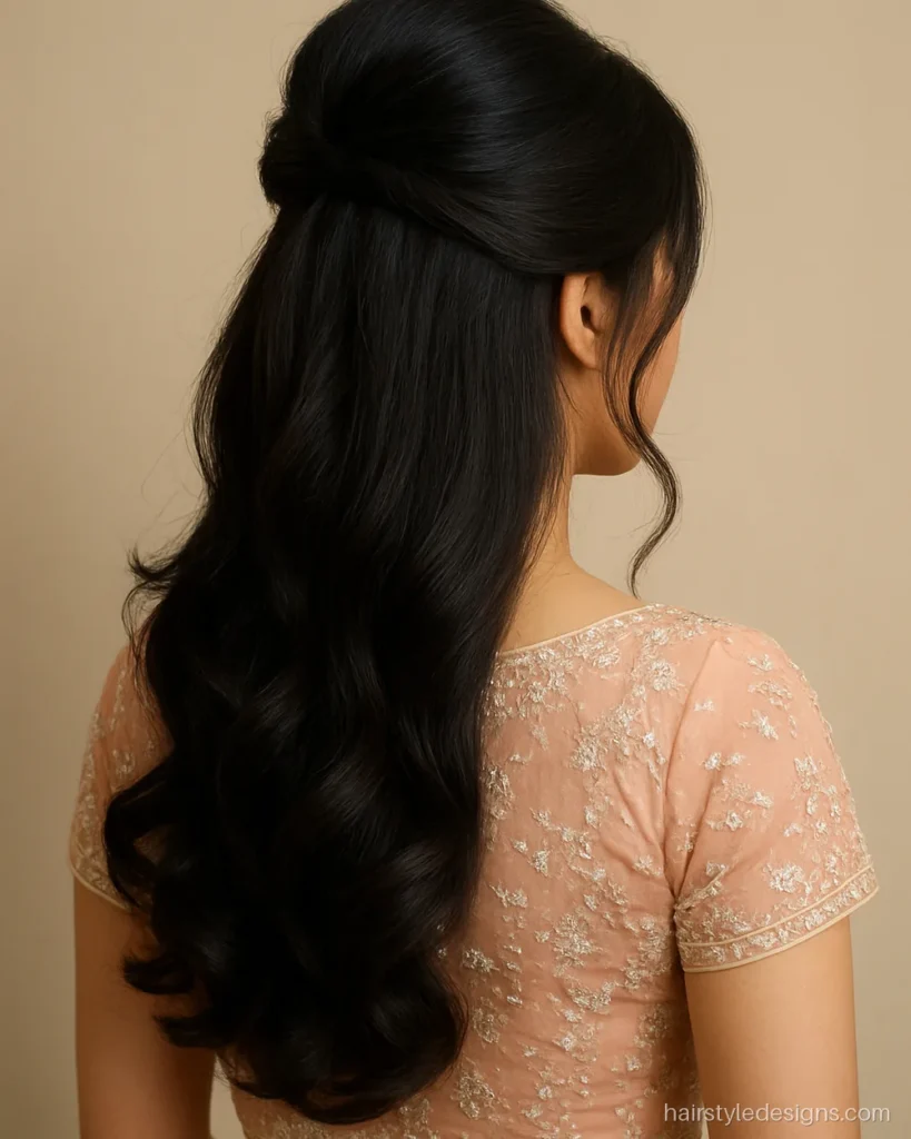 Lehenga front open hair hairstyle with a soft puff and curled ends at the back