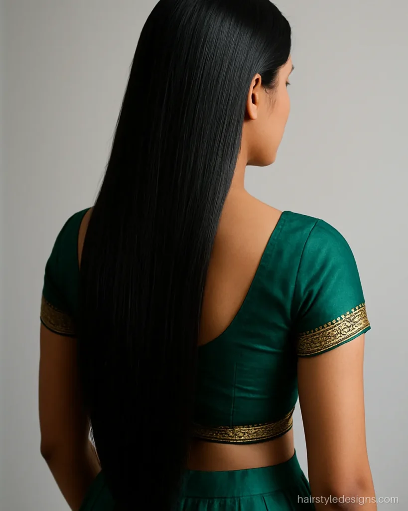 Open hairstyle with lehenga showing sleek straight hair and a deep side part