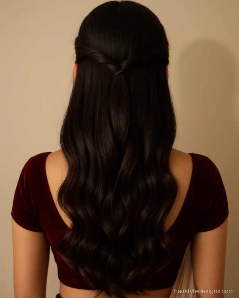 Lehenga hairstyle with open hair in soft curls and two side sections pinned back