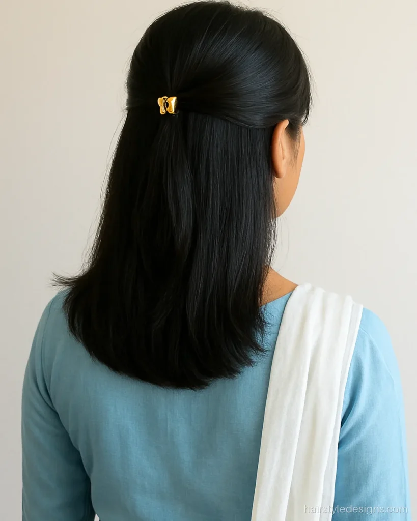 Open hairstyle with sharara suit and a half-up twist held by a clip