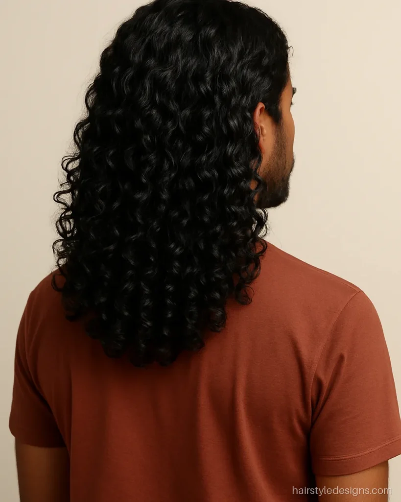 Long curly hair with defined curls falling below the shoulders