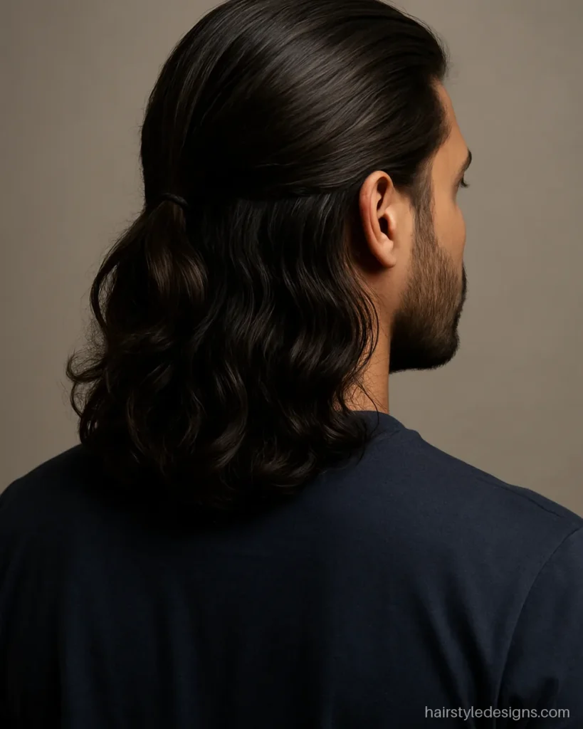 Pushed back long hairstyle with wavy flow behind the ears