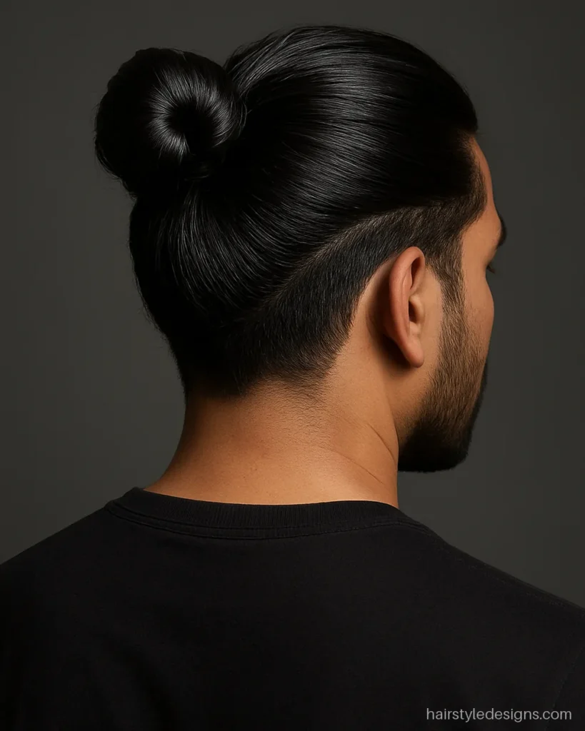 High man bun hairstyle men tie sleek at the crown