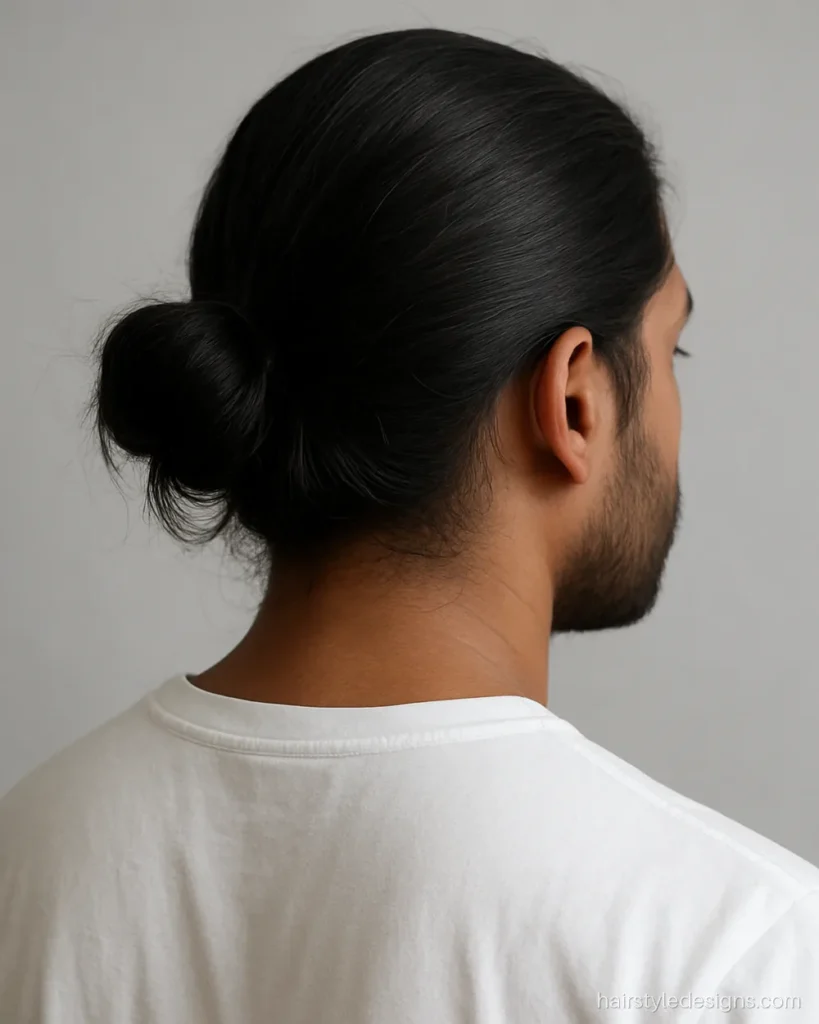 Low man bun hairstyle at the nape with a few loose strands
