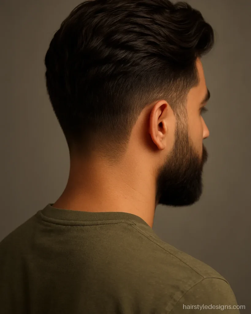 Medium hairstyle with beard, wavy hair swept back and to the side