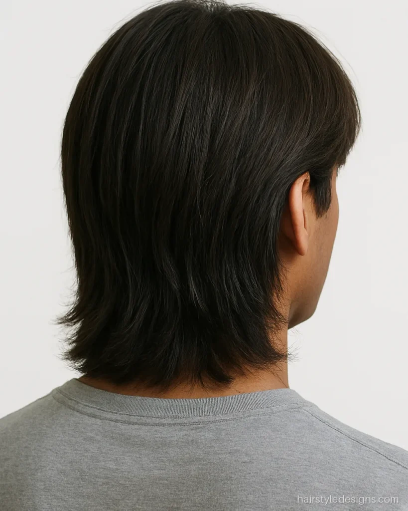 Medium long hairstyle back side view with layered ends over the collar