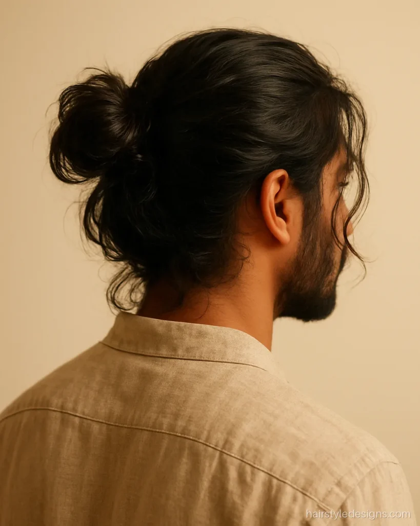 Messy man bun with wavy texture and loose pieces at the sides