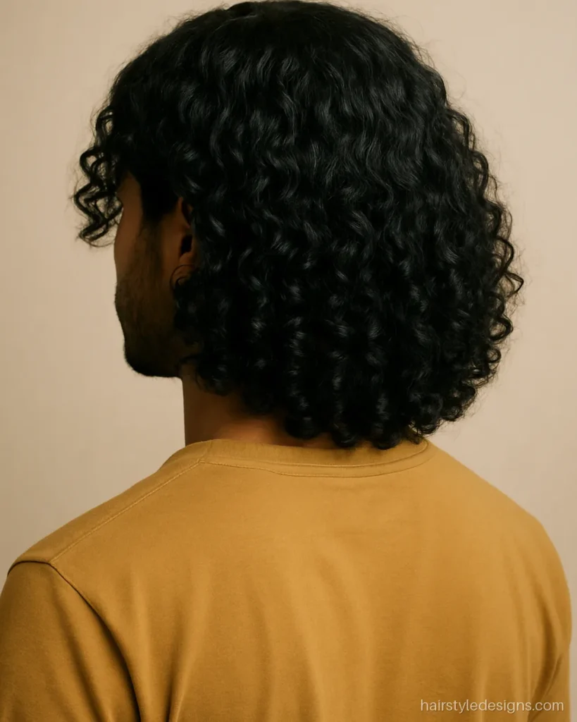 Shoulder length curly hair with volume and a centre part