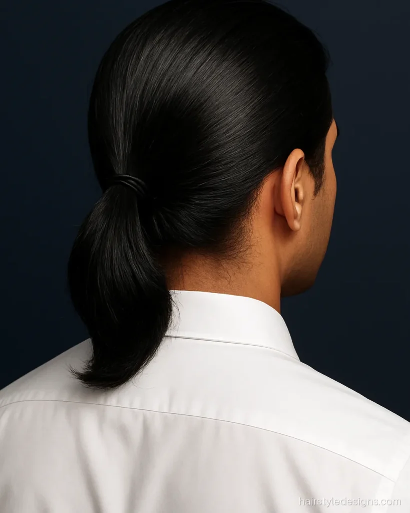 Low ponytail with shoulder length hair, a hairstyle for long hair men use at work