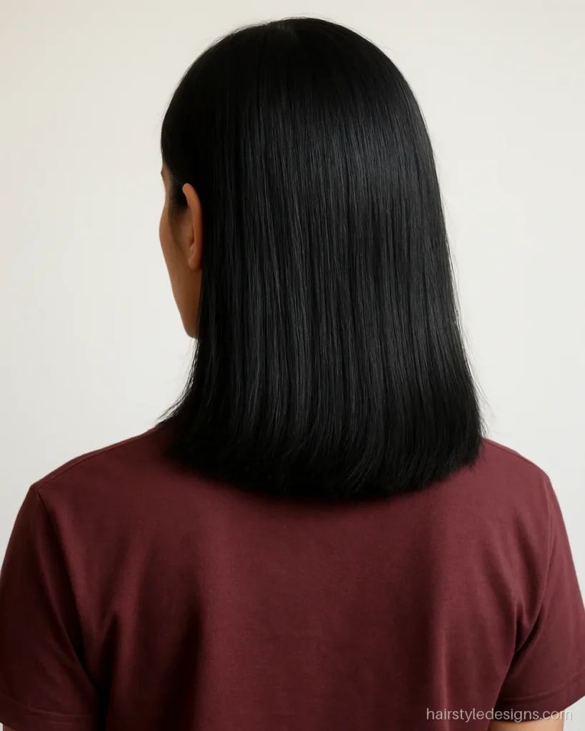 Shoulder length long hairstyle men wear with a side part and straight ends
