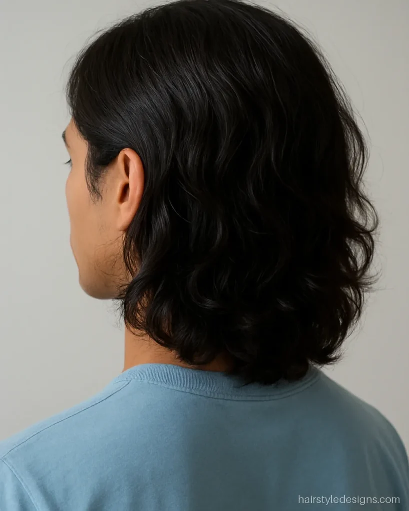 Wavy shoulder length hair tucked behind one ear for a relaxed look