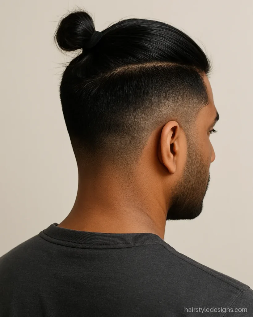 Top knot with an undercut at the sides and back