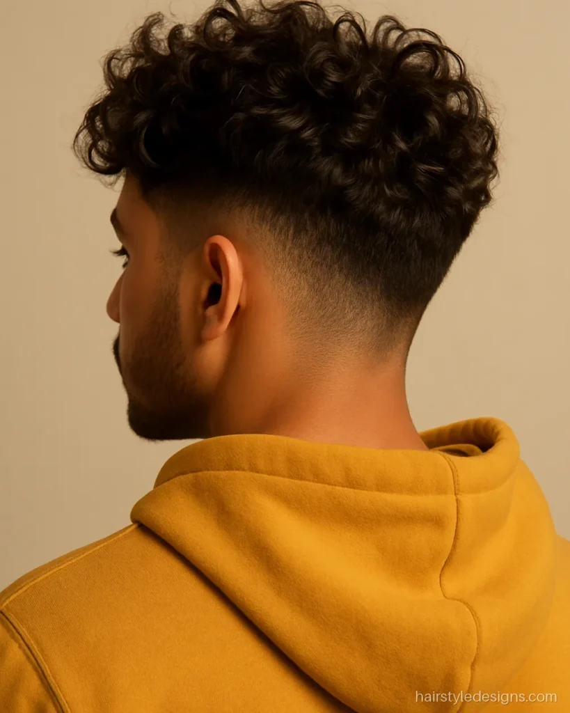 Curly messy hairstyle with a curly top and drop fade