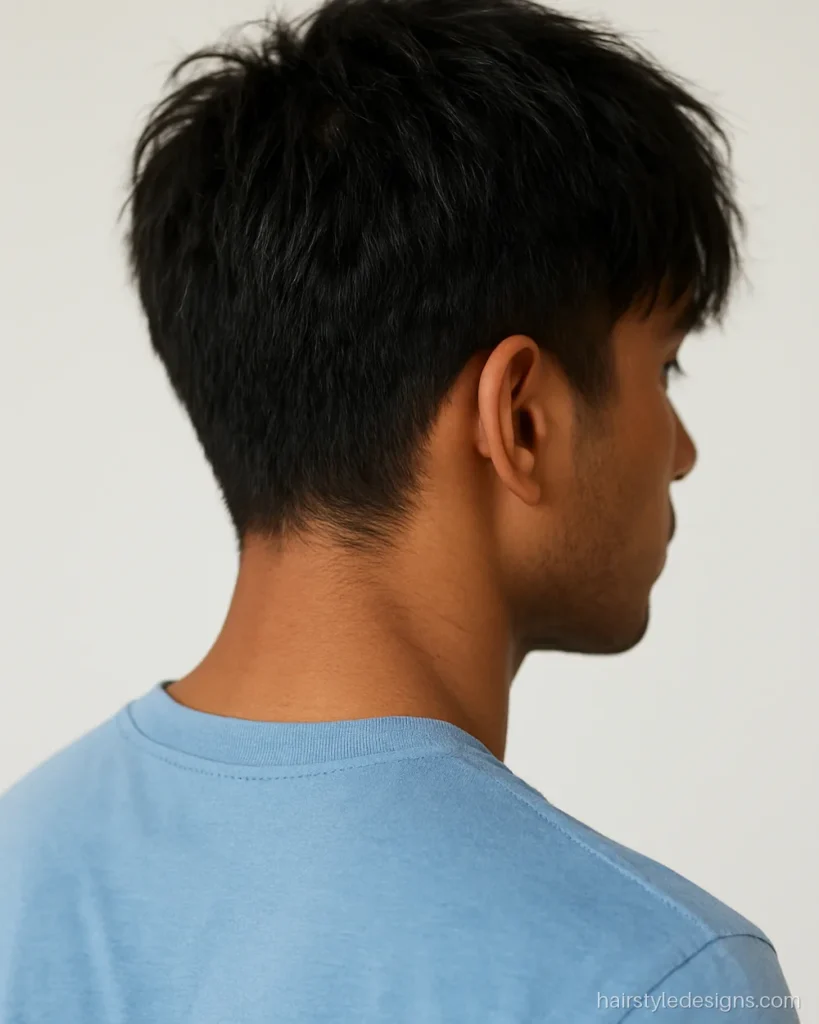Messy hairstyle boy look with a shaggy fringe and light taper